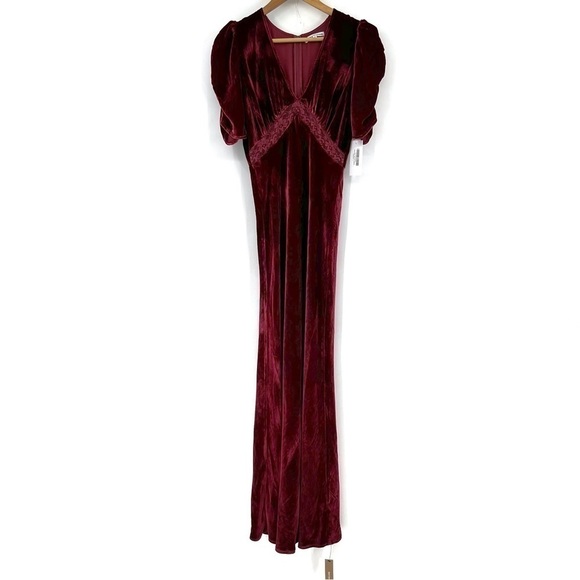 NWT Reformation Malaga Velvet Dress Ruby Red Velvet Lace Puff Shoulder Chianti - Picture 2 of 14